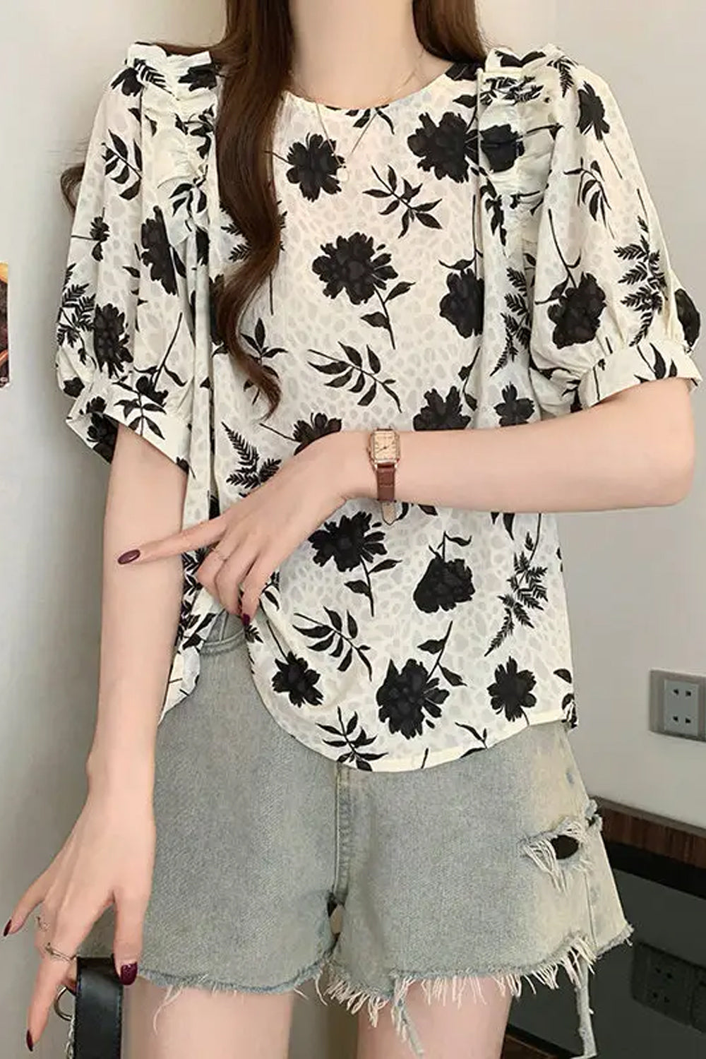 Vintage Floral Printed Backless Blouse Shirt
