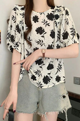 Vintage Floral Printed Backless Blouse Shirt