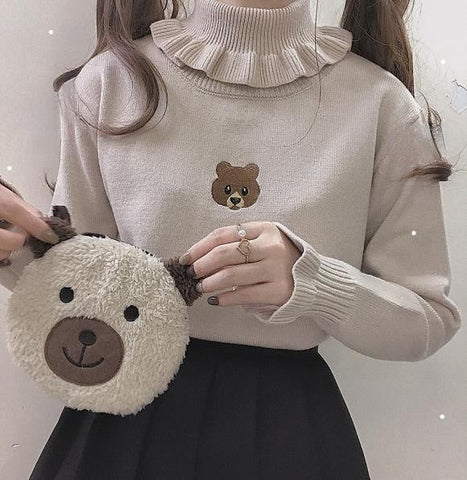 Cute Bear Embroidered Ruffled Turtleneck Sweater