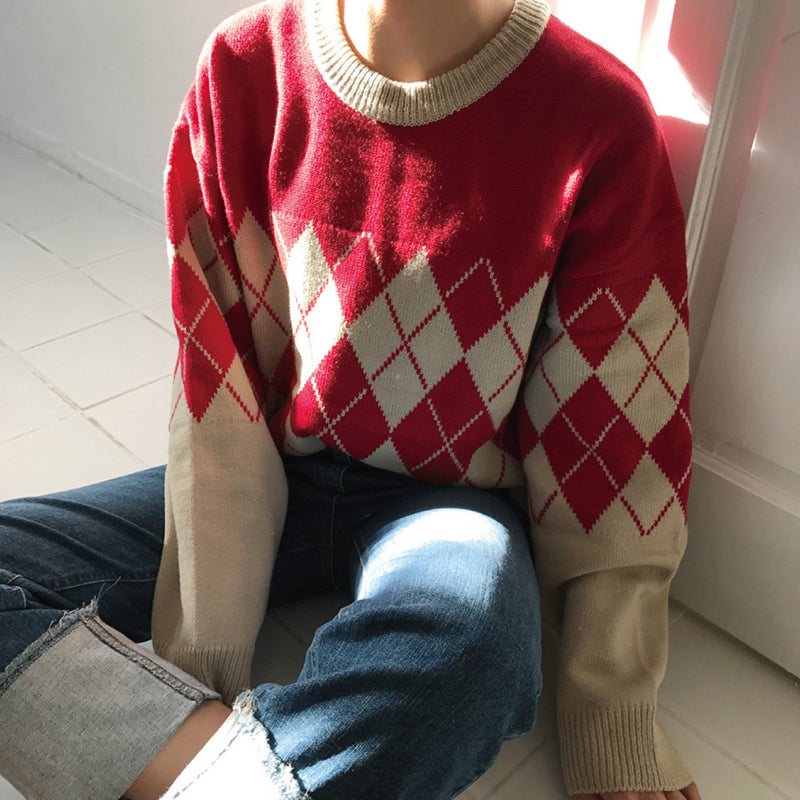 Vintage Rautenmuster Strickpullover