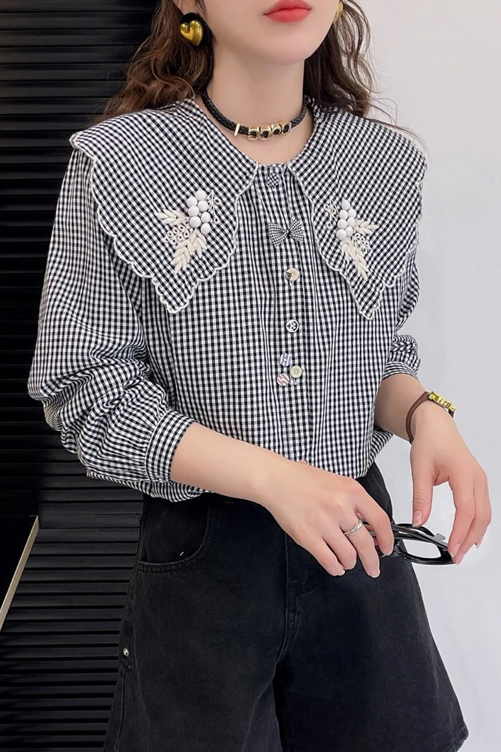 Long Sleeve Doll Collar Striped Blouse Shirt