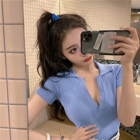 Deep V-Neck Knitted Cropped Shirt