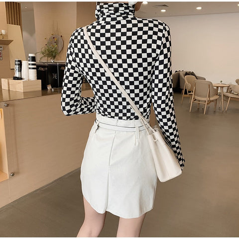 Long Sleeve Turtleneck Checkerboard Plaid Stretchy Shirt