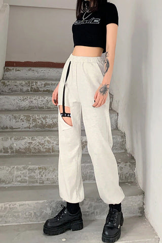 High Waist Cute Hole Solid Cotton Pants