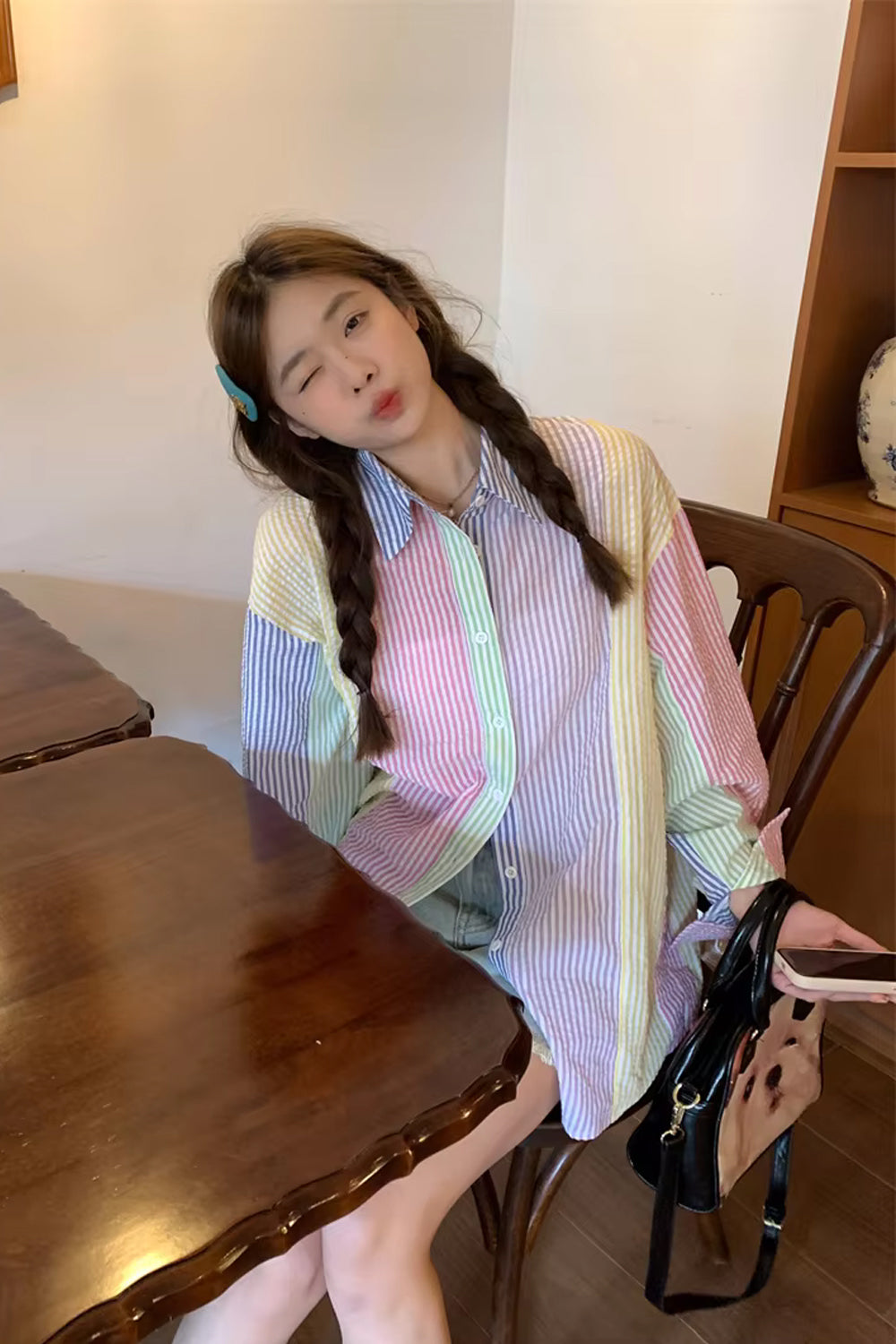 Long Sleeve Candy Colors Striped Blouse Shirt