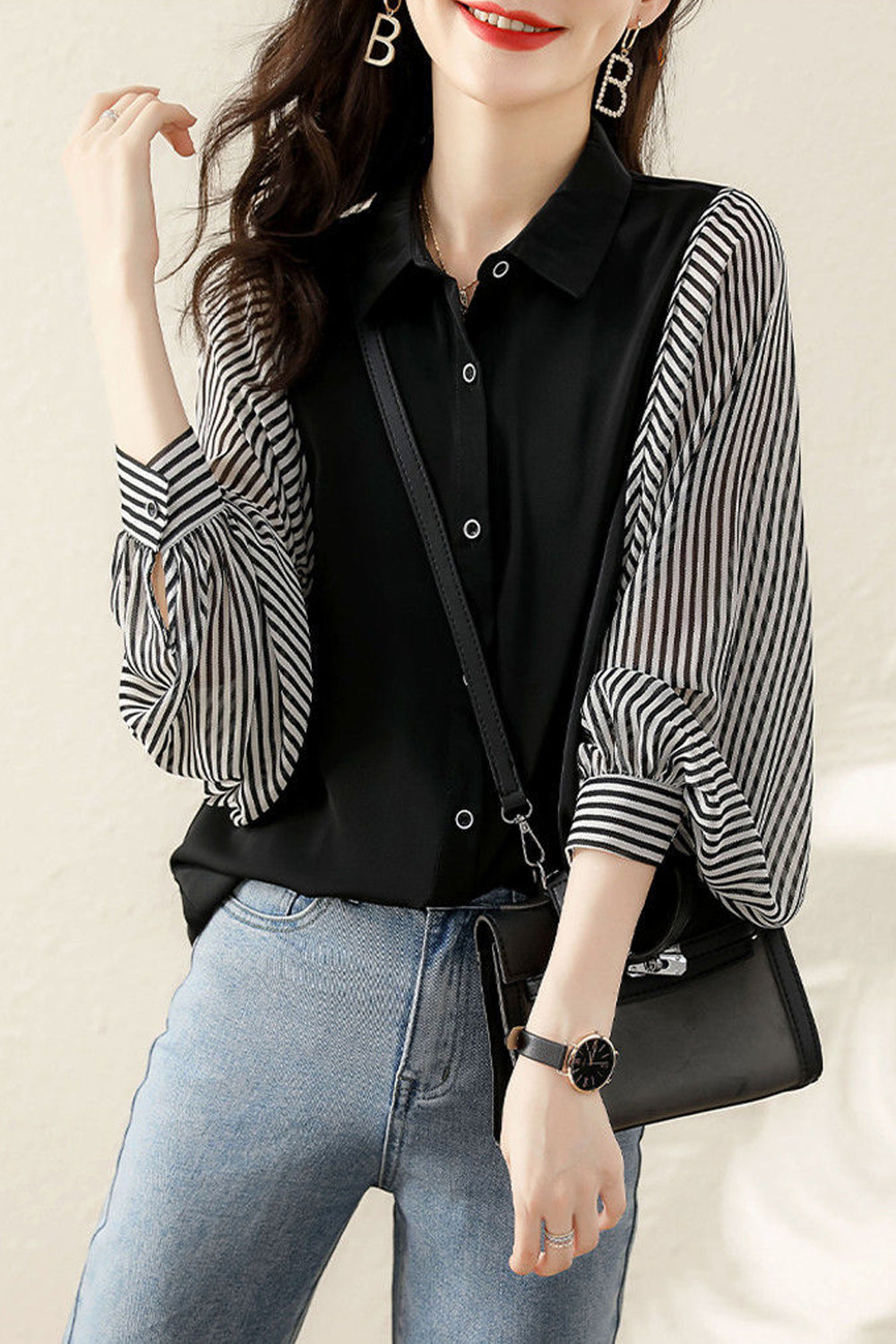 Long Sleeve Side Striped Combination Office Blouse Shirt