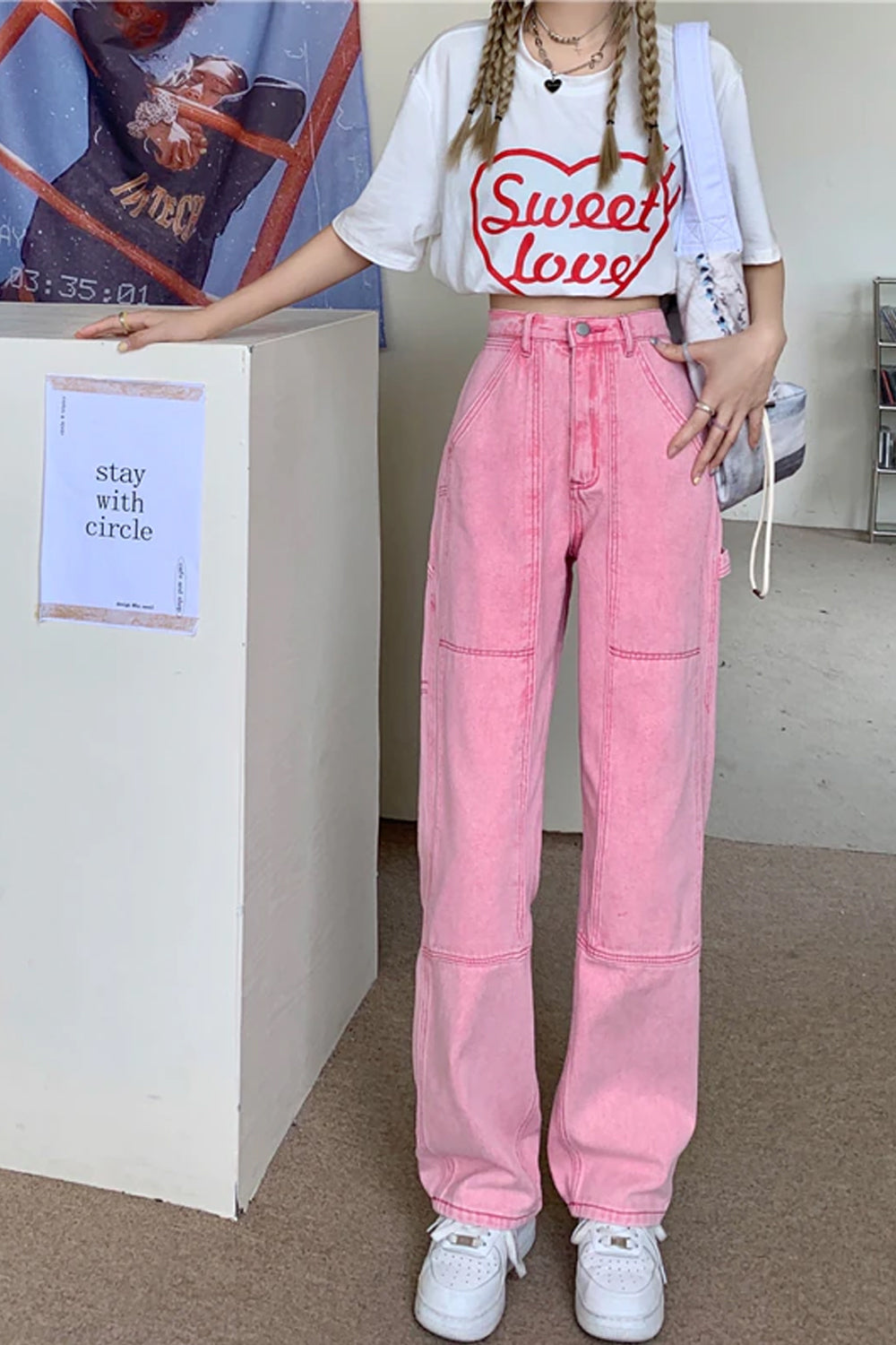 Hohe Taille Lange Rosa Lässige Jeanshose