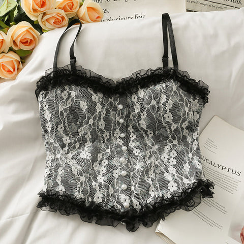 Pearl Beaded Sleeveless Lace Ruffles Sexy Crop Tops