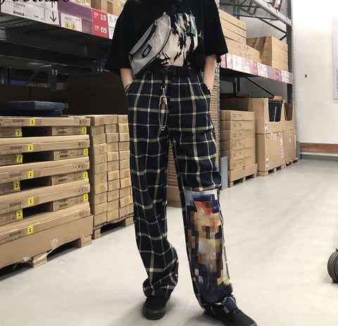 High Waist Casual Plaid Patchwork Pants