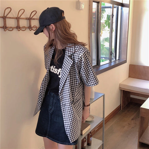 Plaid Style Loose Short Sleeve Blazer