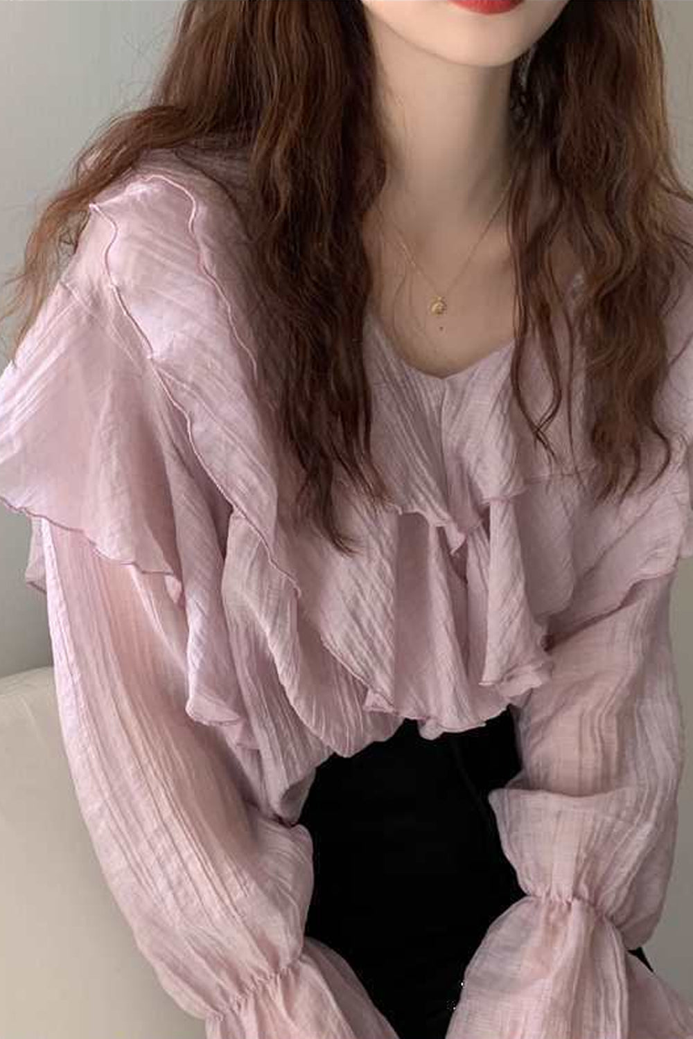 Elegantes Chiffon-Bluse-Shirt mit langen Ärmeln und Rüschen 