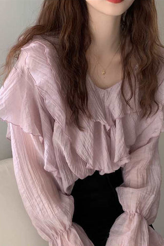 Elegantes Chiffon-Bluse-Shirt mit langen Ärmeln und Rüschen 