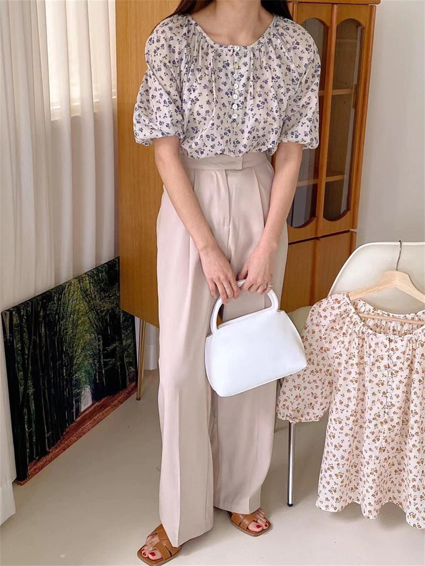 Sweet Florals Pattern Puff Sleeve Blouse Shirt