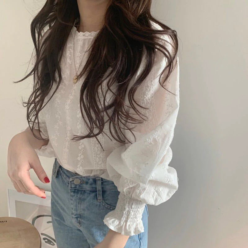 Long Sleeve Lace Embroidered Cotton Linen Shirt