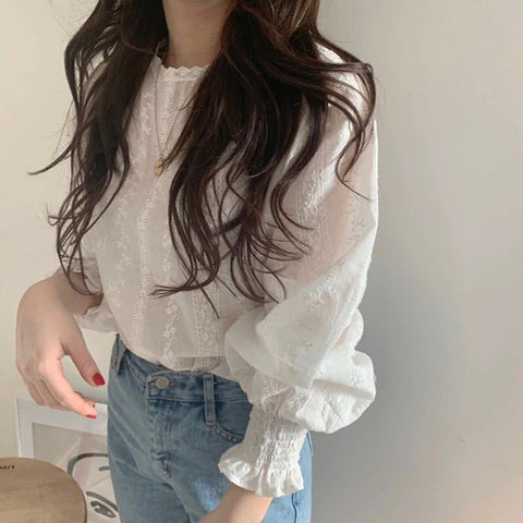 Long Sleeve Lace Embroidered Cotton Linen Shirt