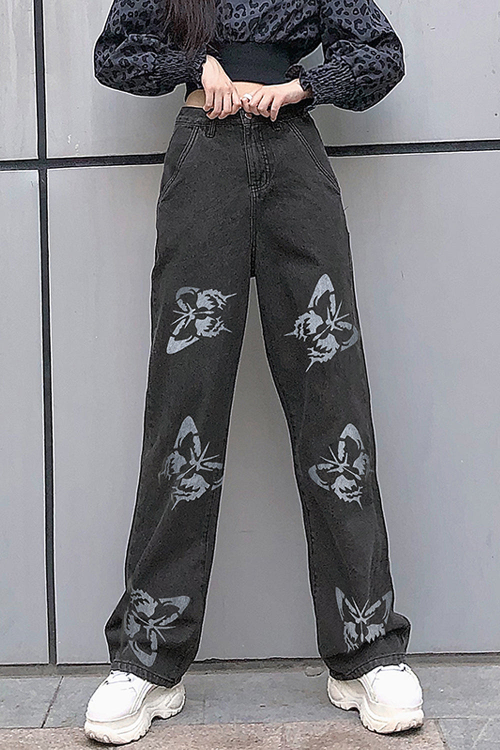 High Waist Butterfly Printed Loose Jeans Pants