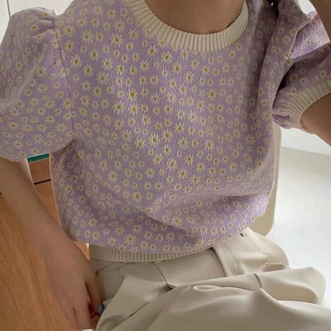 Daisy Printed Puff Sleeve Slim Shirt