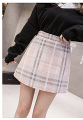 High Waist Woolen Plaid Zipper Mini Skirts