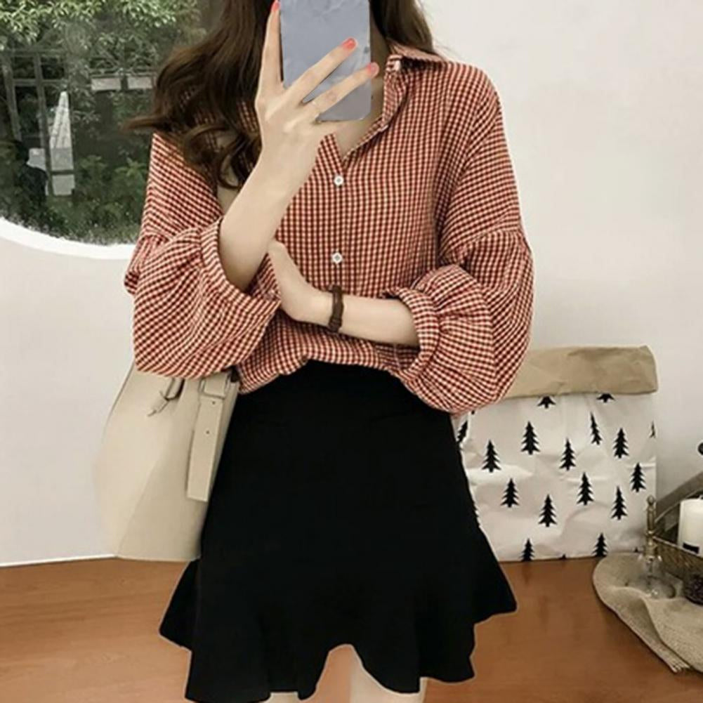Long Sleeve Elegant Plaid Style Blouse Shirt
