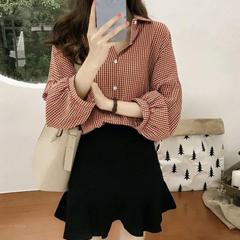 Long Sleeve Elegant Plaid Style Blouse Shirt