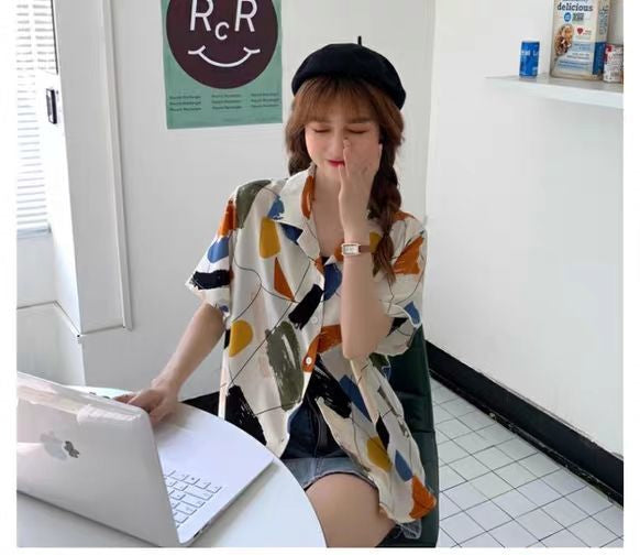 Geometrisches Retro-Kurzarm-Bluse-Shirt mit Einsätzen 