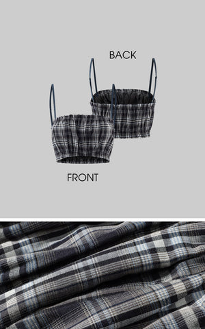 Plaid Strapless Crop Top with Ruched Elastic Detail