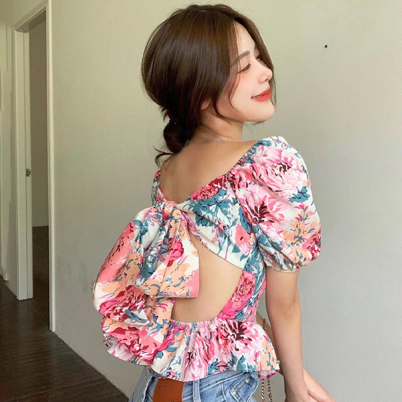 Sexy Floral Pattern Puff Sleeve Open Back Tops