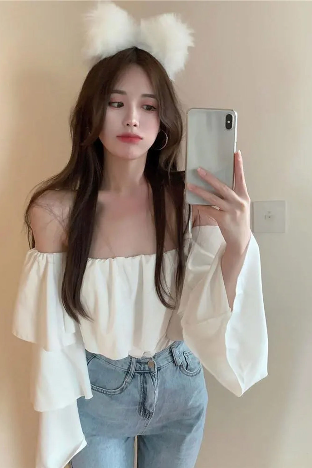 Long Sleeve Sexy Off Shoulder Ruffle Cropped Shirt