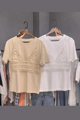 Lace Hollow Out Fake Two Piece O Neck Shirt