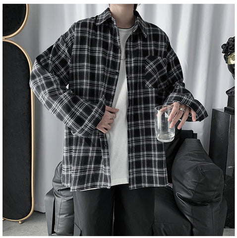 Long Sleeve Black Plaid Hip Hop Men Shirts