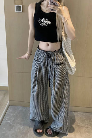 High Waist Loose Sweet Ruffles Plaid Pants