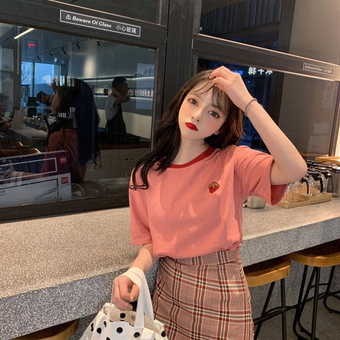 Cute Strawberry Embroidered Shirt