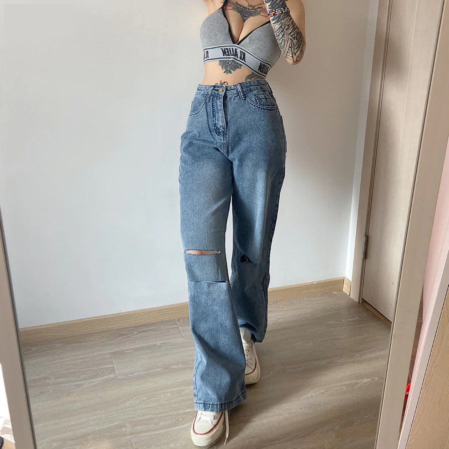 Retro-Jeans mit hoher Taille und Hohlsaum