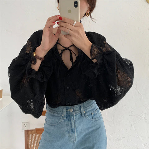 Black Thin Lace Lantern Sleeve Shirt