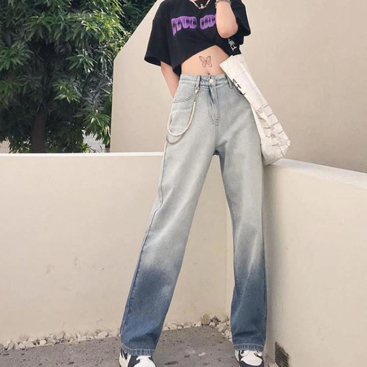 High Waist Long Blue Gradient Jeans Pants