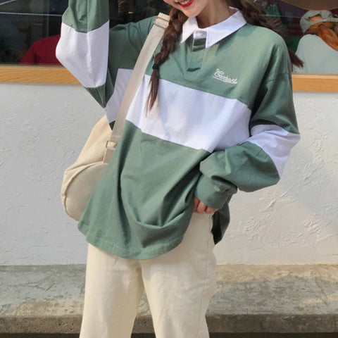 Long Sleeve Polo Collar Hit Color Shirt