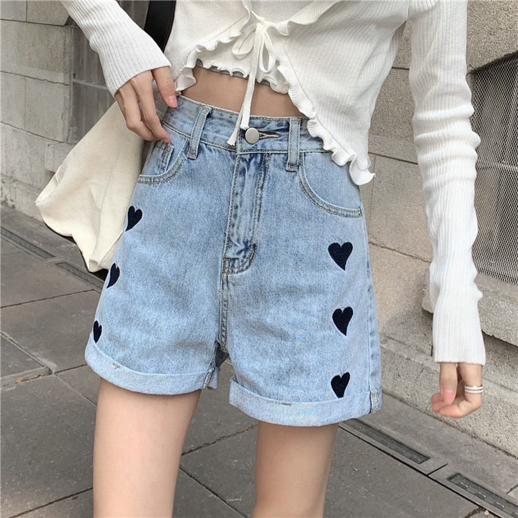 High Waist Heart Love Printed Denim Shorts Pants