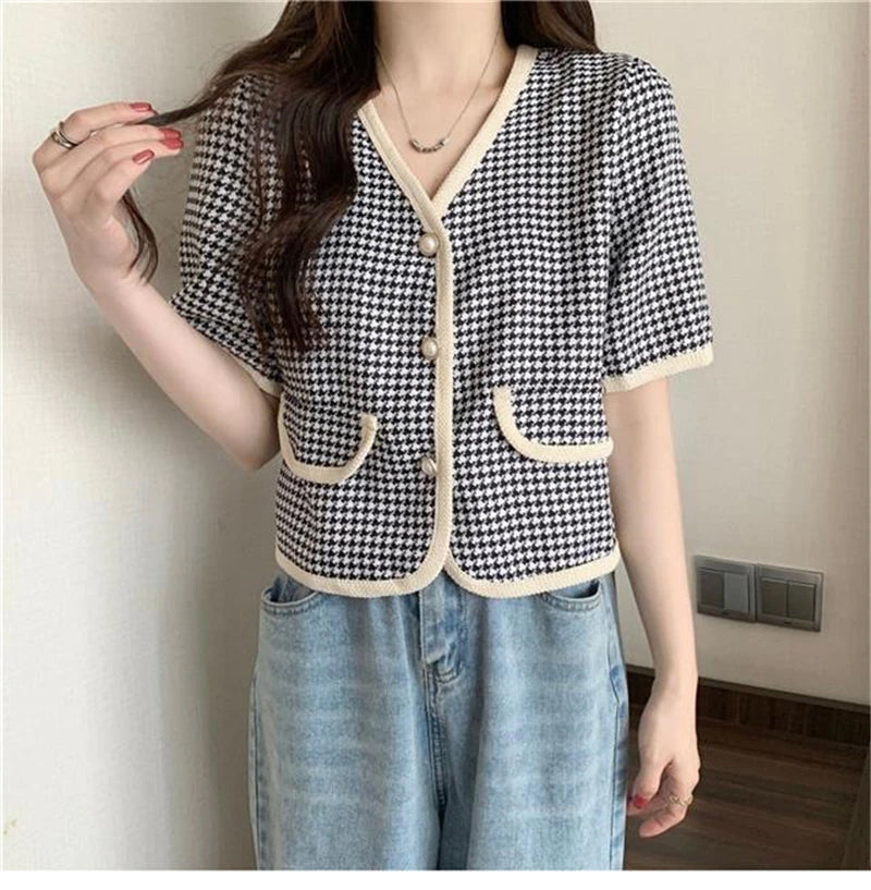 Short Sleeve Houndstooth Pearl Button Blouse Shirts