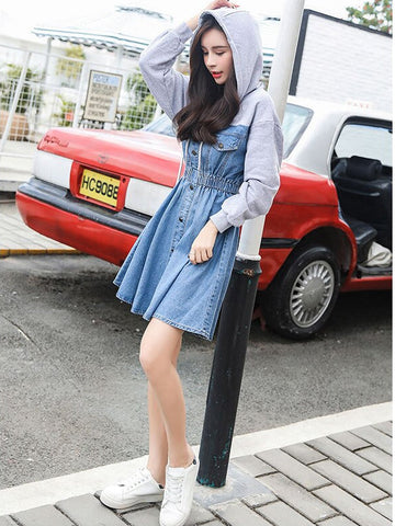 Denim Patchwork Hooded Dress