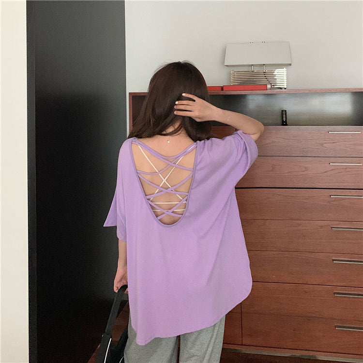 Cute Backless Sexy Loose O-Neck Shirt