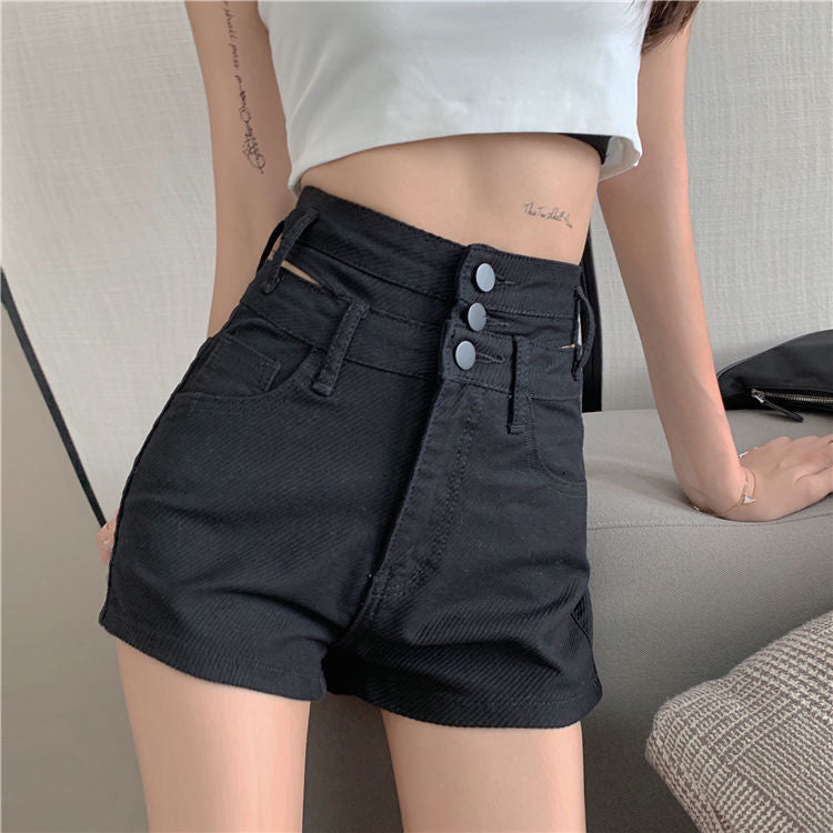 Jeansshorts mit hoher Taille und verlängertem Knopf 