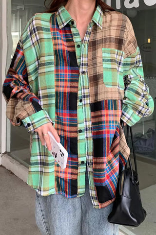 Long Sleeve 3 Colors Plaid Combination Blouse Shirt