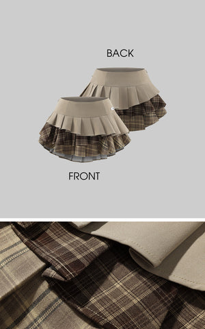 Layered Pleated Mini Skirt with Plaid Contrast Panels