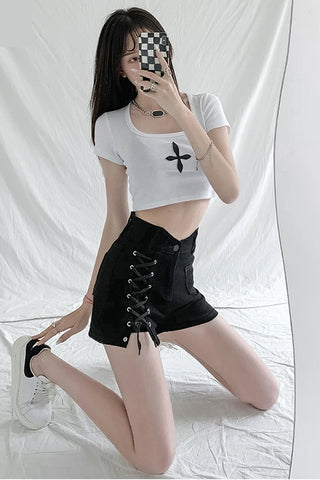High Waist Bandage Drawstring Denim Shorts Jeans