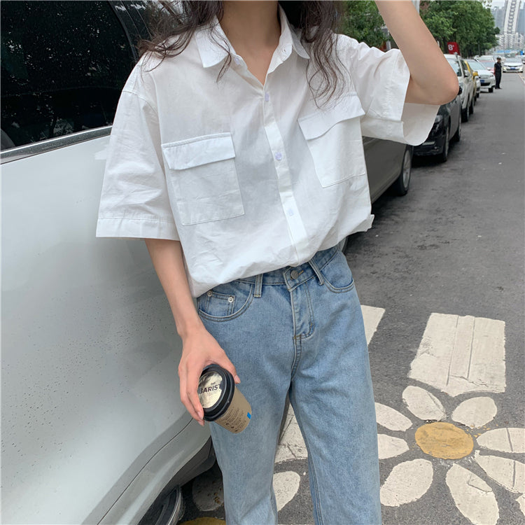 Double Pockets Retro Short Sleeve Blouse Shirts
