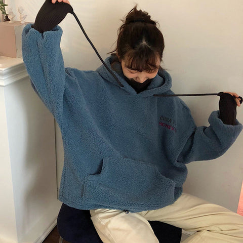 Letter Pocket Fleece Turtleneck Hooded Sweater