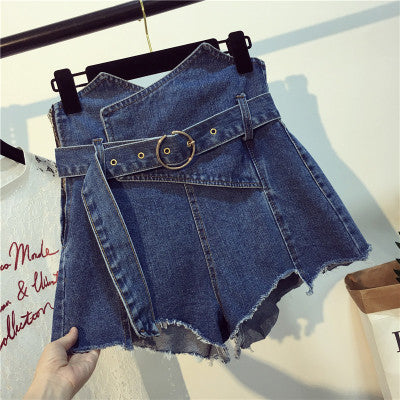 Belted Sexy Irregular Denim Shorts Jeans