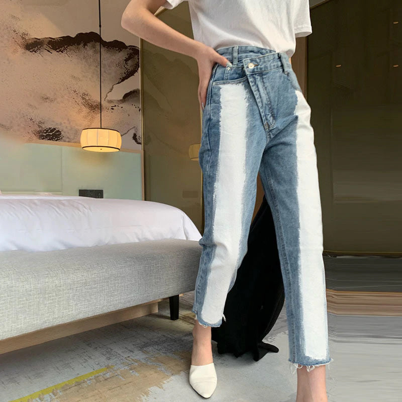 High Waist White Block Irregular Jeans Pants