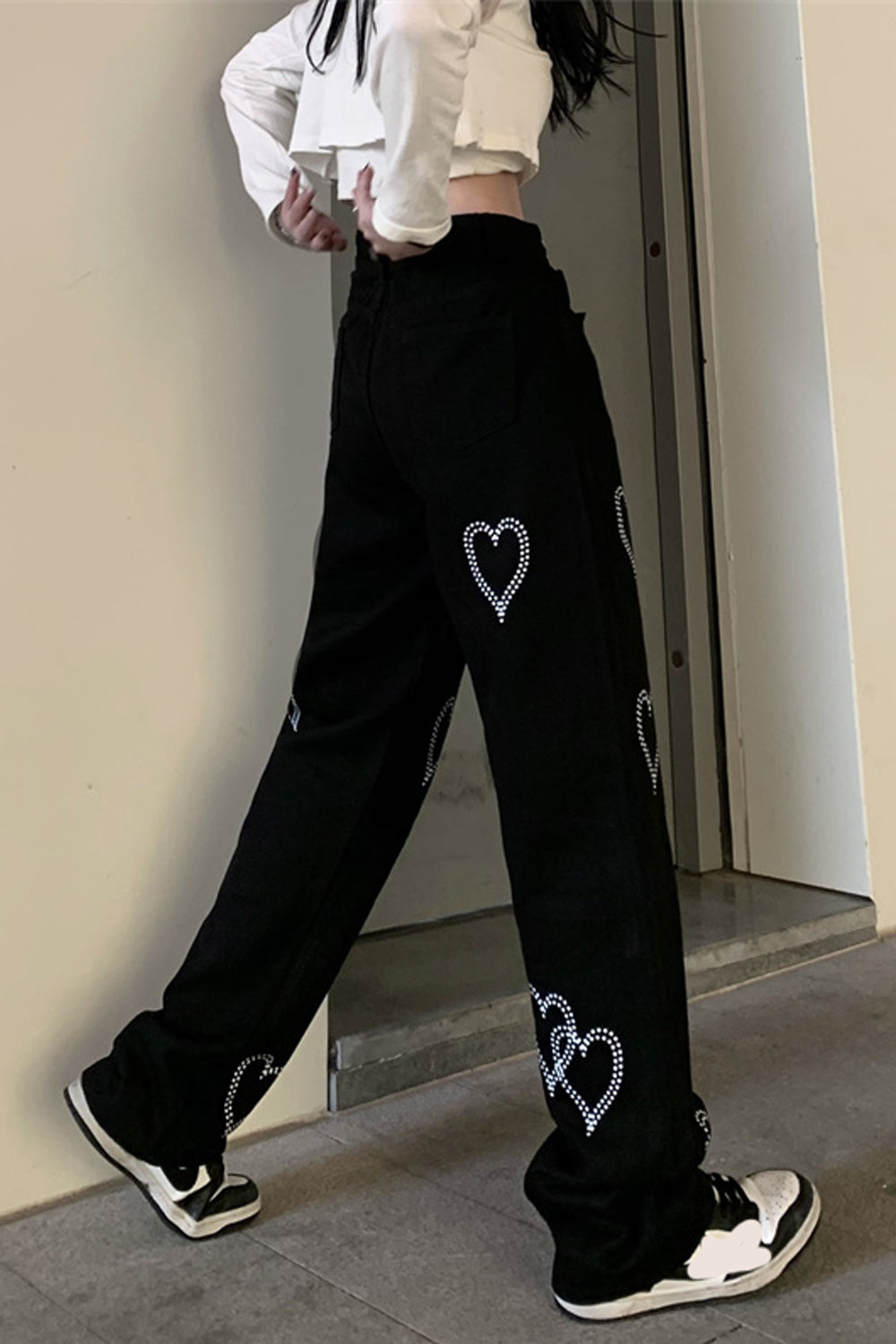 High Waist Heart Pattern Black Long Jeans Pants