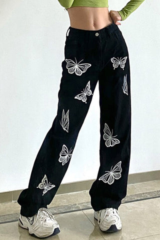 Pantalones vaqueros negros con estampado de mariposas casuales